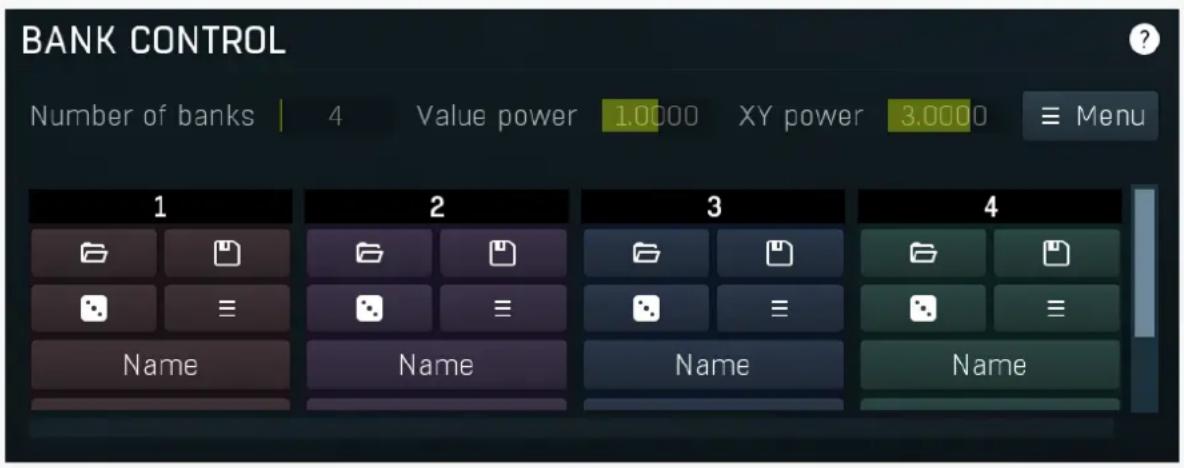 BANK CONTROL Number of banks | 4 Value power 1.0000 XY power 3.0000 ≡ Menu 1 2 3 4 Name Name Name Name