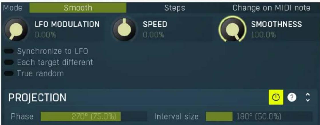 Mode Smooth Steps Change on MIDI note LFO MODULATION 0.00% SPEED 0.00% SMOOTHNESS 100.0% Synchronize to LFO Each target different True random PROJECTION Phase 270° (75.0%) Interval size 180° (50.0%)