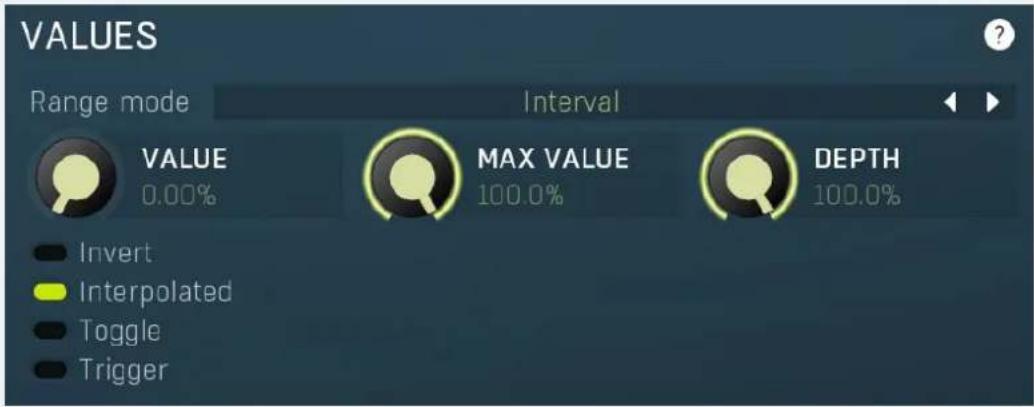 VALUES Range mode Interval VALUE 0.00% MAX VALUE 100.0% DEPTH 100.0% Invert Interpolated Toggle Trigger