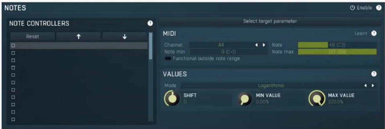 NOTES Enable ? NOTE CONTROLLERS Reset Select target parameter MIDI Learn Channel All Note 48 (C3) Note min 0 (C-1) Note max 127 (59) Functional outside note range VALUES Mode Logarithmic SHIFT MIN VALUE MAX VALUE 0 0.00% 100.0%