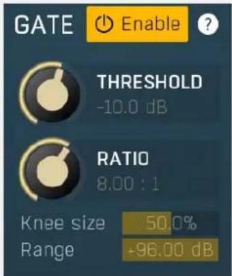 GATE Enable ? THRESHOLD -10.0 dB RATIO 8.00 : 1 Knee size 50.0% Range +96.00 dB