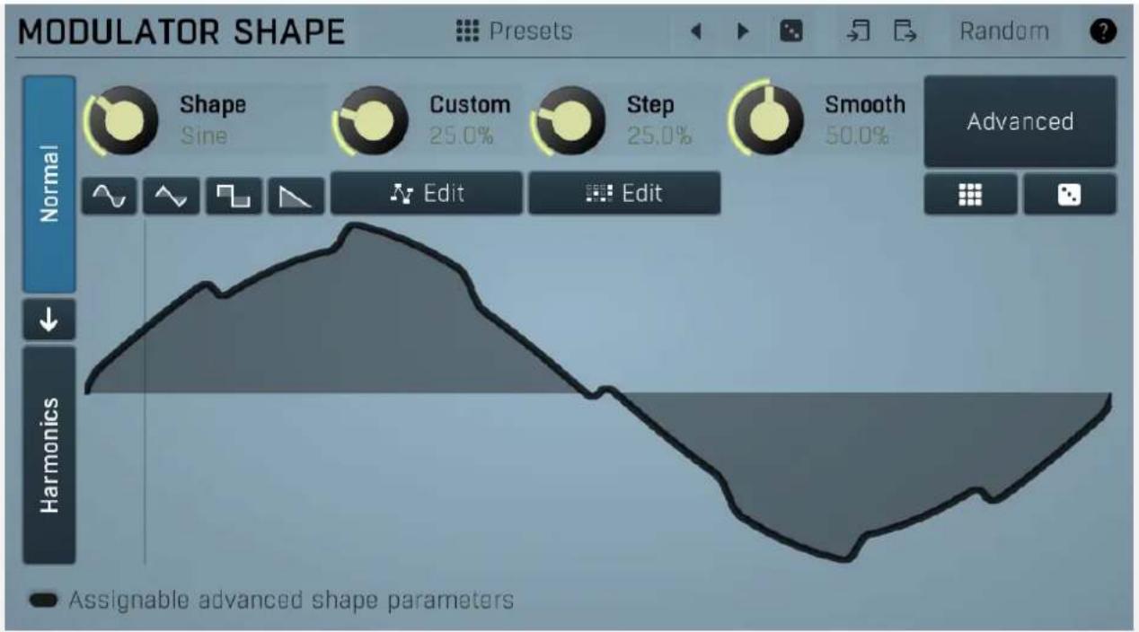 MODULATOR SHAPE Presets Random ? Shape Sine Custom 25.0% Step 25.0% Smooth 50.0% Advanced Normal Edit Edit Harmonics • Assignable advanced shape parameters