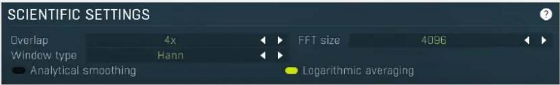 SCIENTIFIC SETTINGS Overlap 4x FFT size 4096 Window type Hann ● Analytical smoothing ● Logarithmic averaging