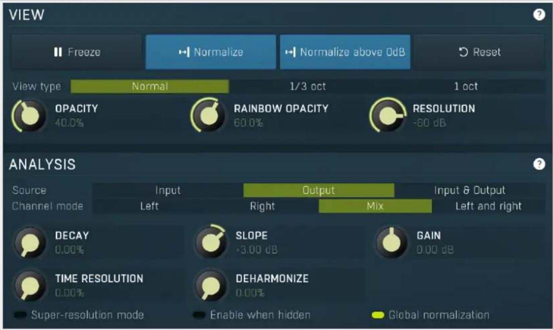 VIEW Freeze Normalize Normalize above 0dB Reset View type Normal 1/3 oct 1 oct OPACITY 40.0% RAINBOW OPACITY 60.0% RESOLUTION -60 dB ANALYSIS Source Channel mode Input Left Output Right Mix Input & Output Left and right DECAY 0.00% SLOPE +3.00 dB GAIN 0.00 dB TIME RESOLUTION 0.00% DEHARMONIZE 0.00% Super-resolution mode Enable when hidden Global normalization