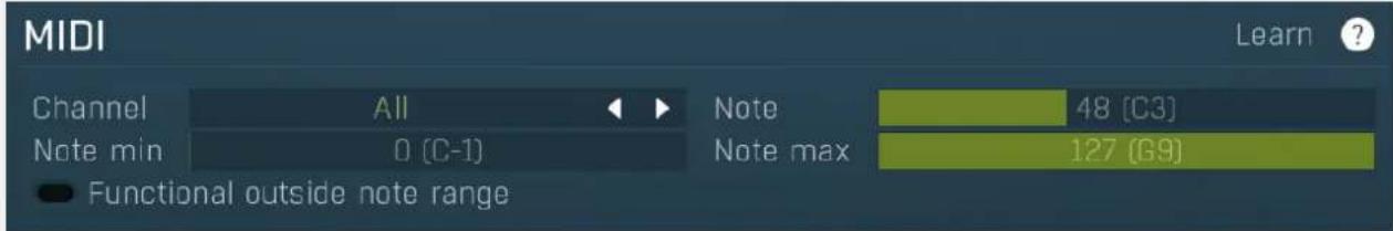 MIDI Learn ? Channel All Note 48 [C3] Note min 0 (C-1) Note max 127 (G9) Functional outside note range