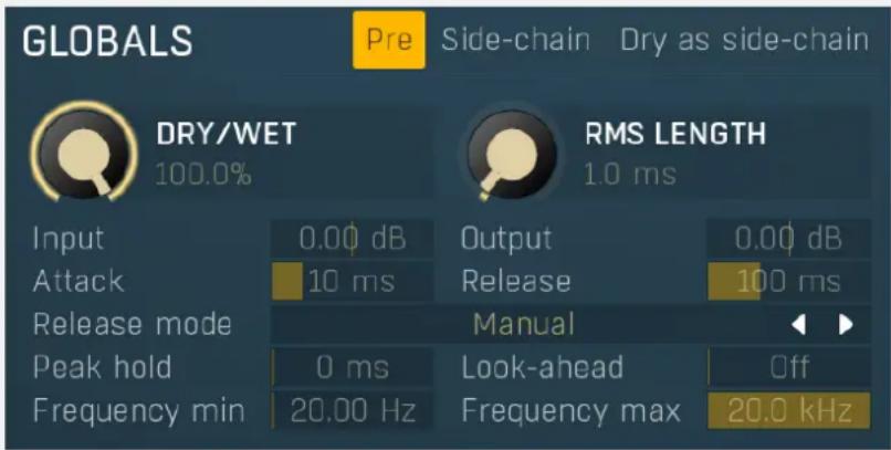 GLOBALS Pre Side-chain Dry as side-chain DRY/WET 100.0% RMS LENGTH 1.0 ms Input 0.00 dB Output 0.00 dB Attack 10 ms Release 100 ms Release mode Manual Peak hold 0 ms Look-ahead Off Frequency min 20.00 Hz Frequency max 20.0 kHz