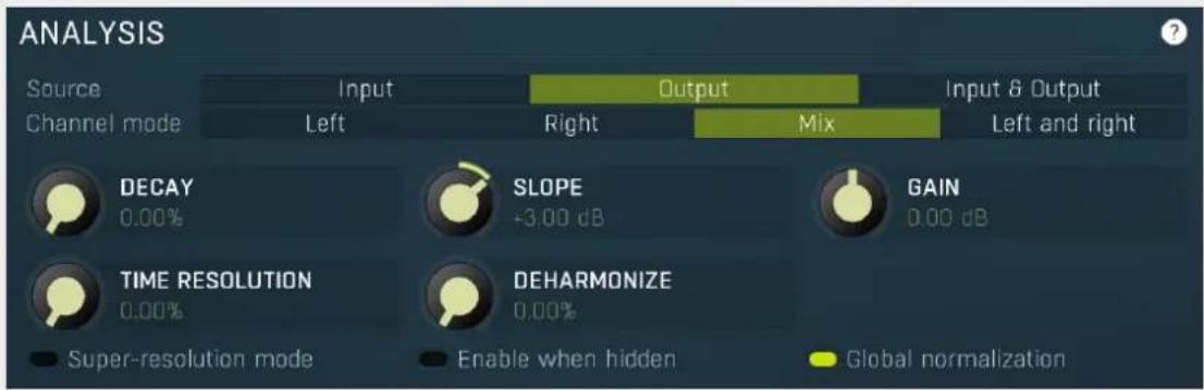 ANALYSIS Source Channel mode Input Left Output Right Mix Input & Output Left and right DECAY 0.00% SLOPE +3.00 dB GAIN 0.00 dB TIME RESOLUTION 0.00% DEHARMONIZE 0.00% Super-resolution mode Enable when hidden Global normalization