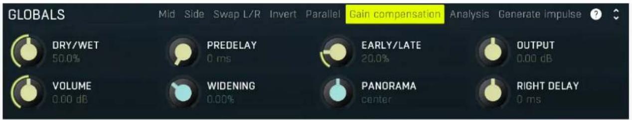 GLOBALS Mid Side Swap L/R Invert Parallel Gain compensation Analysis Generate impulse ? DRY/WET 50.0% PREDELAY 0 ms EARLY/LATE 20.0% OUTPUT 0.00 dB VOLUME 0.00 dB WIDENING 0.00% PANORAMA center RIGHT DELAY 0 ms