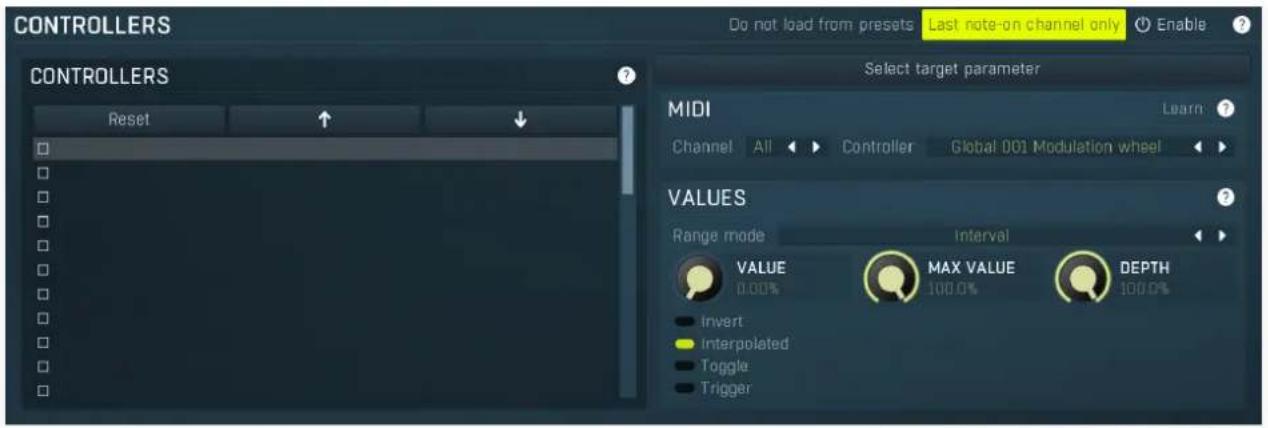 CONTROLLERS Do not load from presets Last note-on channel only Enable ? CONTROLLERS Reset Select target parameter MIDI Learn ? Channel All Controller Global 001 Modulation wheel VALUES Range mode Interval VALUE MAX VALUE DEPTH 0.00% 100.0% invert Interpolated Toggle Trigger