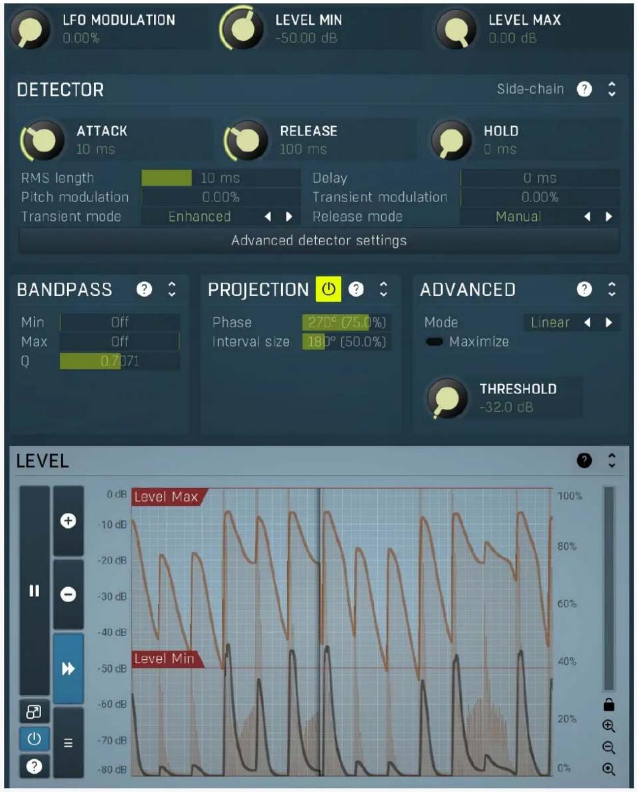 LFO MODULATION 0.00% LEVEL MIN -50.00 dB LEVEL MAX 0.00 dB DETECTOR Side-chain ? ATTACK 10 ms RELEASE 100 ms HOLD 0 ms RMS length 10 ms Delay 0 ms Pitch modulation 0.00% Transient modulation 0.00% Enhanced Release mode Manual Advanced detector settings BANDPASS Min Off Max Off Q 0.7071 PROJECTION Phase 270° (75.0%) Interval size 180° (50.0%) ADVANCED Mode Linear Maximize THRESHOLD -32.0 dB LEVEL Level Max Level Min