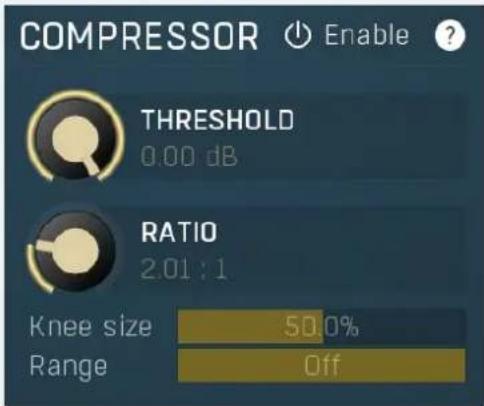 COMPRESSOR Enable ? THRESHOLD 0.00 dB RATIO 2.01:1 Knee size 50.0% Range Off