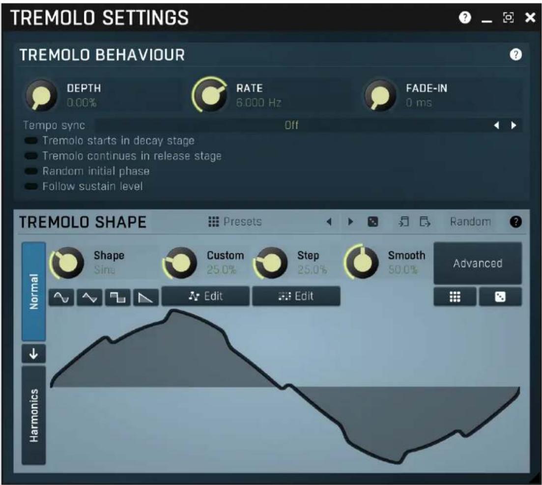 TREMOLO SETTINGS TREMOLO BEHAVIOUR DEPTH 0.00% RATE 6,000 Hz FADE-IN 0 ms Tempo sync Off Tremolo starts in decay stage Tremolo continues in release stage Random initial phase Follow sustain level TREMOLO SHAPE Presets Random ? Shape Sine Custom 25.0% Step 25.0% Smooth 50.0% Advanced Normal Edit Edit Harmonics