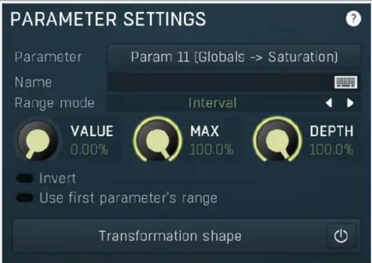 PARAMETER SETTINGS Parameter Param 11 (Globals -> Saturation) Name Range mode Interval VALUE MAX DEPTH 0.00% 100.0% Invert Use first parameter's range Transformation shape