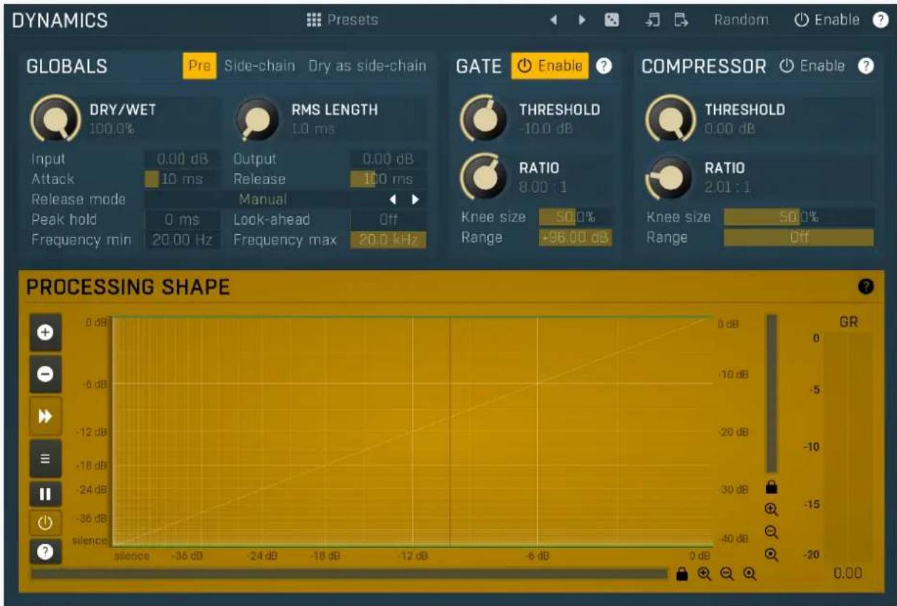 DYNAMICS Preset Random Enable ? GLOBALS Pre Side-chain Dry as side-chain GATE Enable ? COMPRESSOR Enable ? DRY/WET 100.0% RMS LENGTH 1.0 ms Input 0.00 dB Output 0.00 dB Attack 10 ms Release 100 ms Release mode Manual Peak hold 0 ms Look-ahead Off Frequency min 20.00 Hz Frequency max 20.0 kHz THRESHOLD -10.0 dB RATIO 8.00:1 Knee size 50.0% Range -96.00 dB THRESHOLD 0.00 dB RATIO 2.01:1 Knee size 50.0% Range Off PROCESSING SHAPE 0 dB GR -6 dB -12 dB -18 dB -24 dB -36 dB silence -36 dB -24 dB -18 dB -12 dB -6 dB 0 dB 0.00