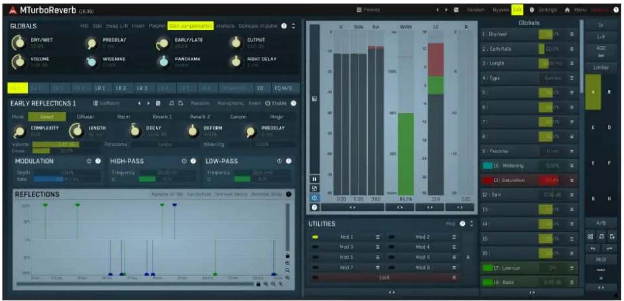 MTurboReverb (08.08) GLOBALS DRY/WET 53.6% VOLUME 0.00 LR 1 LR 2 LR 3 PRIDELAY 0 ms WIDENING 0.00% EARLY/LATE 0.01% PANORAMA 0.01% OUTPUT 0.00 ms RIGHT DELAY 0.00% EARLY REFLECTIONS 1 Mode: Great Diffuser Roorst Reverb 1 Roorst 2 Canyon Ringlet COMPLEXITY 8.00 LENGTH 92.00 ms DECAY 50.00 ms DEFORM 50.01% PREDELAY -0.1% Volume 6.00 gm Panorama London Widening 100% Cross 50.1% MODULATION High-PASS LOW-PASS Depth 0.18% Frequency 20.00 ms Frequency 200.00 ms Rate: 8.55/10 Hz REFLECTIONS Analyze Of It's: Randomization, Remove decay, Remake delay Presets In Side-Out Width LU B 1: Dry/wet 40.1% 2: Early/late 30.0% 3: Length 6.00 ms 4: Type Sunrise 5.0% 5: 5.0% 6: 5.0% 7: 5.0% 8: 5.0% 9: Predictlay 0 ms 10: Widening 0.00% 11: Saturation 47.6% 12: Gain 0.00 dB 13: 47.6% AT/B 47.6% 14: 47.6% 15: 47.6% 16: 47.6% 17: Low-cut CFI 17.6% 18: Base 0.00 dB Utilities Mod 1 Mod 2 Mod 3 Mod 4 Mod 5 Mod 6 Mod 7 Mod 8 Lock