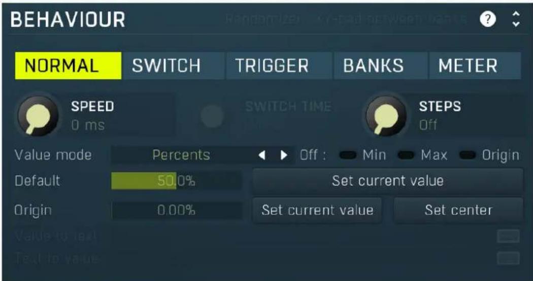 BEHAVIOUR NORMAL SWITCH TRIGGER BANKS METER SPEED 0 ms SWITCH TIME STEPS Off Value mode Percents Off : Min Max Origin Default 50.0% Set current value Origin 0.00% Set current value Set center Value to test Text to value