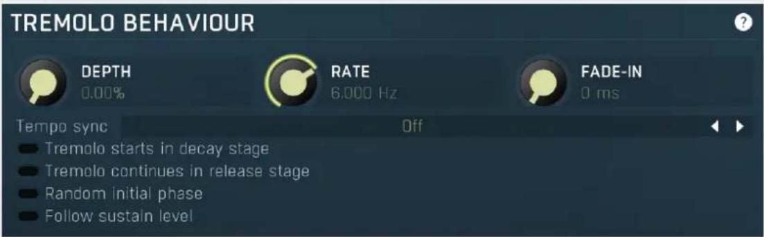 TREMOLO BEHAVIOUR DEPTH 0.00% RATE 6,000 Hz FADE-IN 0 ms Tempo sync Off Tremolo starts in decay stage Tremolo continues in release stage Random initial phase Follow sustain level