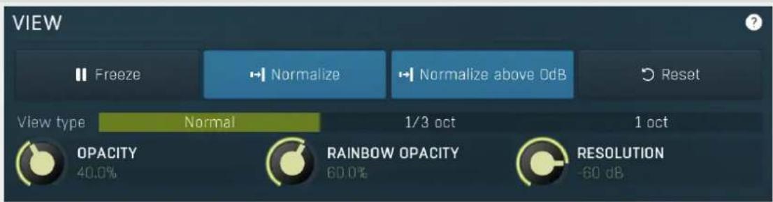 VIEW Freeze Normalize Normalize above OdB Reset View type Normal 1/3 oct 1 oct OPACITY 40.0% RAINBOW OPACITY RESOLUTION -60 dB