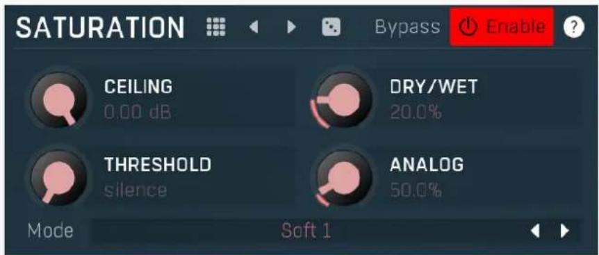 SATURATION Bypass Enable ? CEILING 0.00 dB DRY/WET 20.0% THRESHOLD silence ANALOG 50.0% Mode Soft 1