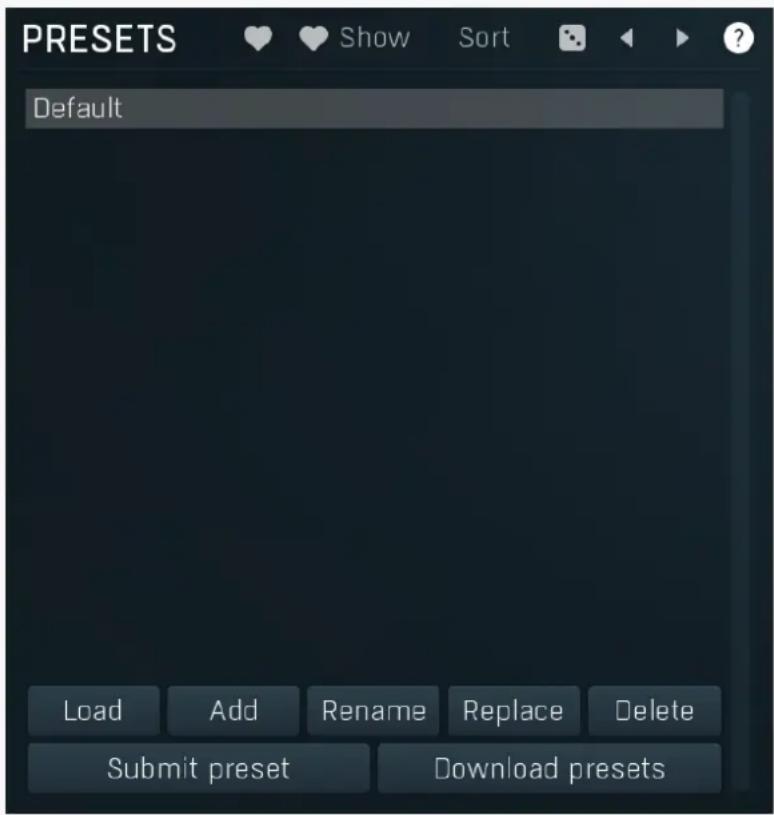 PRESETS Default Load Add Rename Replace Delete Submit preset Download presets