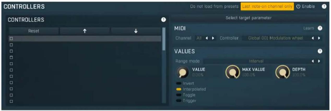 CONTROLLERS Do not load from presets Last note-on channel only Enable ? CONTROLLERS Reset Select target parameter MIDI Learn ? Channel All Controller Global 001 Modulation wheel VALUES Range mode Interval VALUE MAX VALUE DEPTH 0.00% 100.0% Invert Interpolated Toggle Trigger