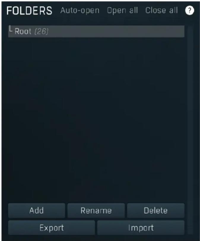 FOLDERS Auto-open Open all Close all ? L Root (26) Add Rename Delete Export Import