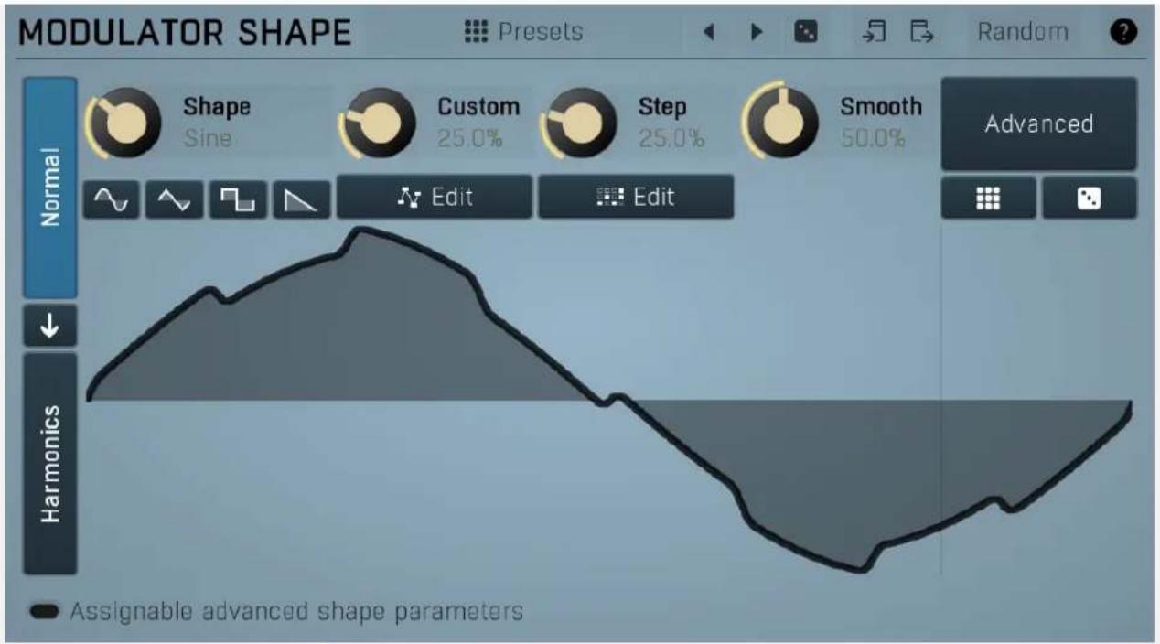 MODULATOR SHAPE Presets Random ? Shape Sine Custom 25.0% Step 25.0% Smooth 50.0% Advanced Normal Edit Edit Harmonics • Assignable advanced shape parameters