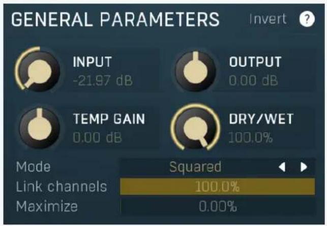 GENERAL PARAMETERS INVERT ? INPUT -21.97 dB OUTPUT 0.00 dB TEMP GAIN 0.00 dB DRY/WET 100.0% Mode Link channels Maximize Squared 100.0% 0.00%