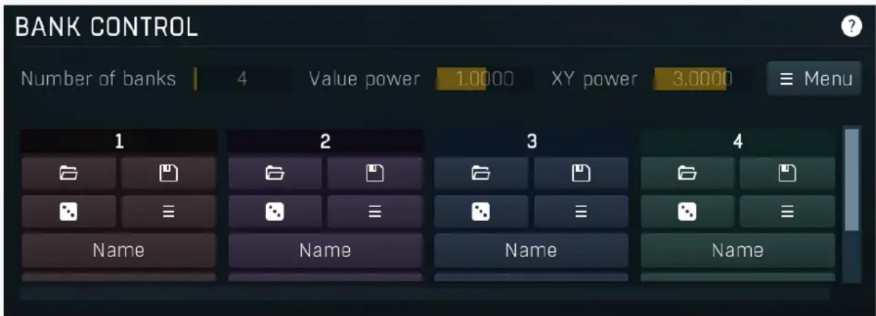BANK CONTROL Number of banks 4 Value power 1.0000 XY power 3.0000 ≡ Menu 1 2 3 4 Name Name Name Name