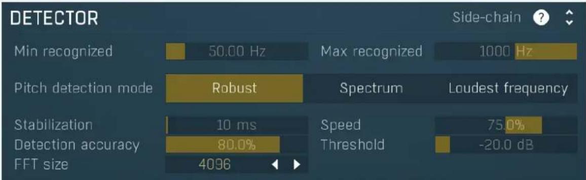 DETECTOR Min recognized 50.00 Hz Max recognized 1000 Hz Pitch detection mode Robust Spectrum Loudest frequency Stabilization 10 ms Speed 75.0% Detection accuracy 80.0% Threshold -20.0 dB FFT size 4096