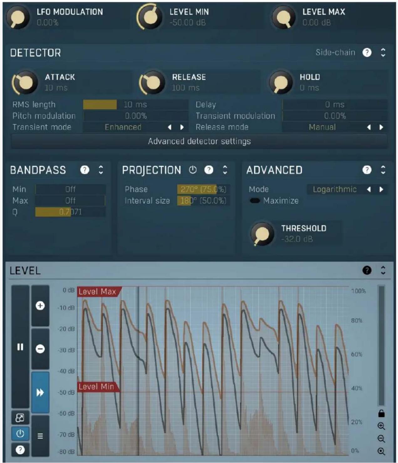 LFO MODULATION 0.00% LEVEL MIN -50.00 dB LEVEL MAX 0.00 dB DETECTOR Side-chain ? ATTACK 10 ms RELEASE 100 ms HOLD 0 ms RMS length 10 ms Delay 0 ms Pitch modulation 0.00% Transient modulation 0.00% Enhanced Release mode Manual Advanced detector settings BANDPASS Min Off Max Off Q 0.7071 PROJECTION Phase 270° (75.0%) Interval size 180° (50.0%) ADVANCED Mode Logarithmic Maximize THRESHOLD -32.0 dB LEVEL Level Max Level Min