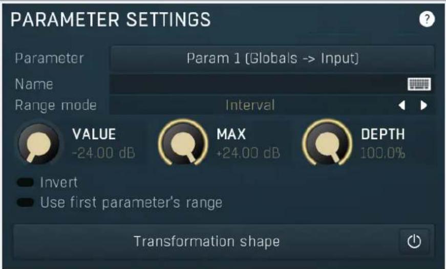 PARAMETER SETTINGS Parameter Param 1 (Globals -> Input) Name Range mode Interval VALUE MAX DEPTH -24.00 dB +24.00 dB 100.0% Invert Use first parameter's range Transformation shape