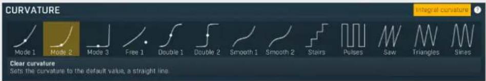 CURVATURE Mode 1 Mode 2 Mode 3 Free 1 Double 1 Double 2 Smooth 1 Smooth 2 Steirs Pulses Saw Triangles Sines Clear curvature Sets the curvature to the default value, a straight line Integral curvature
