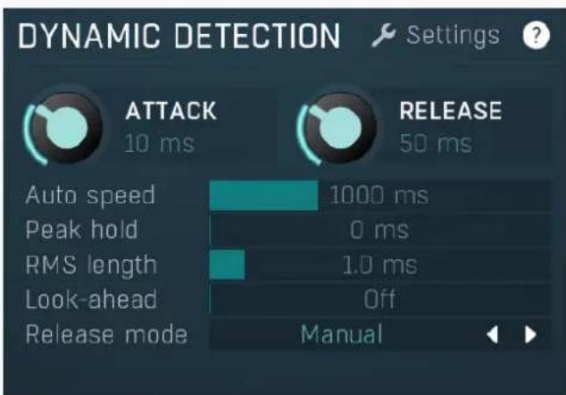 DYNAMIC DETECTION Settings ? ATTACK 10 ms RELEASE 50 ms Auto speed 1000 ms Peak hold 0 ms RMS length 1.0 ms Look-ahead Off Release mode Manual