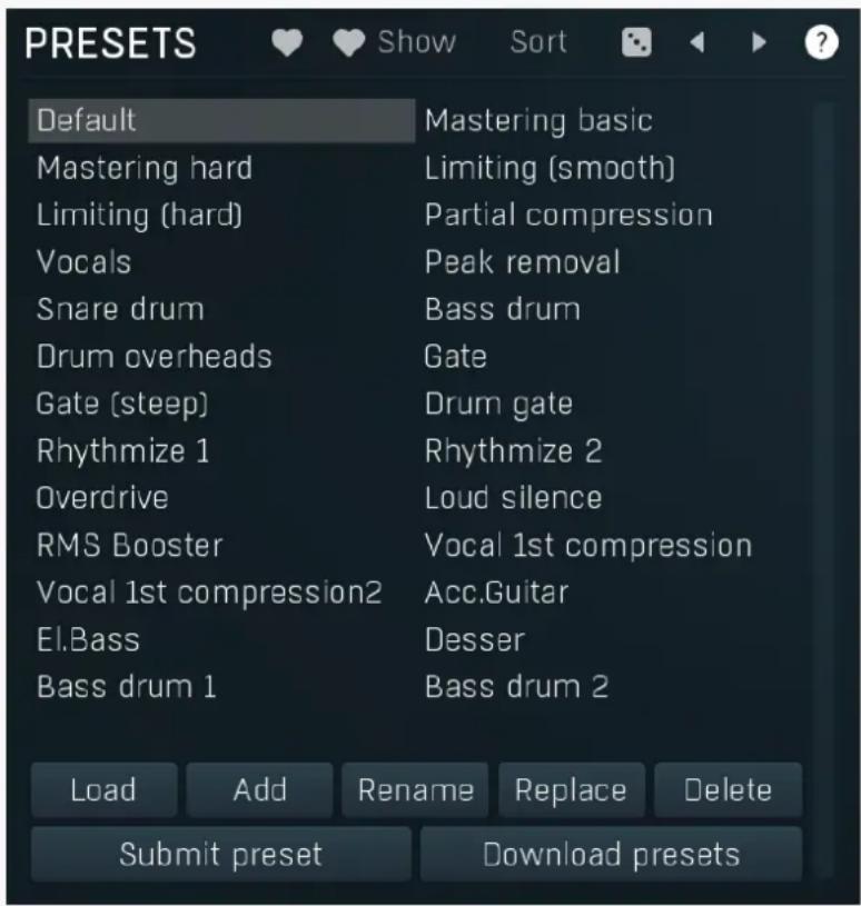 PRESETS Default Mastering basic Mastering hard Limiting (smooth) Limiting (hard) Partial compression Vocals Peak removal Snare drum Bass drum Drum overheads Gate Drum gate Rhythmize 1 Rhythmize 2 Overdrive Loud silence RMS Booster Vocal 1st compression Vocal 1st compression2 Acc.Guitar El.Bass Desser Bass drum 1 Bass drum 2 Load Add Rename Replace Delete Submit preset Download presets