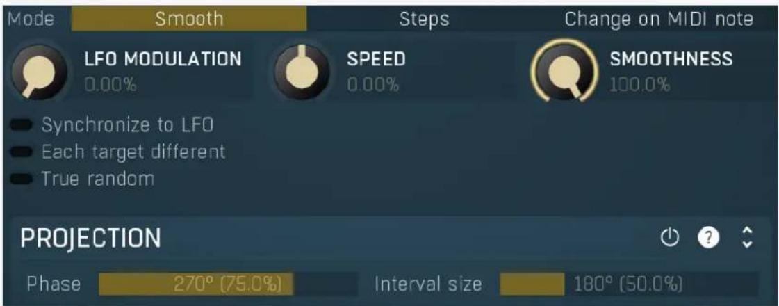 Mode Smooth Steps Change on MIDI note LFO MODULATION 0.00% SPEED 0.00% SMOOTHNESS 100.0% Synchronize to LFO Each target different True random PROJECTION Phase 270° (75.0%) Interval size 180° (50.0%)