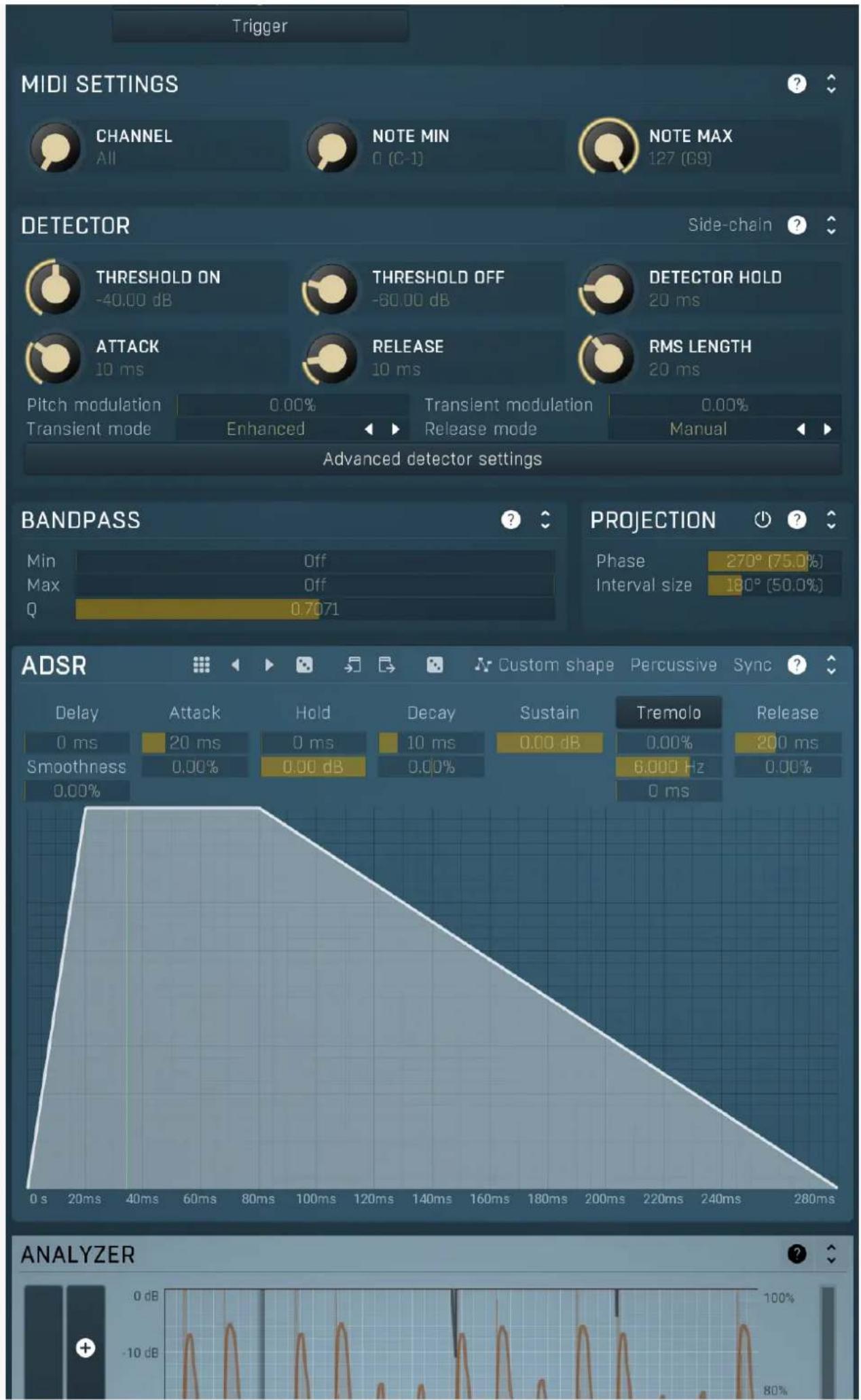 Trigger MIDI SETTINGS CHANNEL All NOTE MIN 0 (C-1) NOTE MAX 127 (G9) DETECTOR Side-chain ? THRESHOLD ON -40.00 dB THRESHOLD OFF -60.00 dB DETECTOR HOLD 20 ms ATTACK 10 ms RELEASE 10 ms RMS LENGTH 20 ms Pitch modulation 0.00% Transient modulation 0.00% Transient mode Enhanced Release mode Manual Advanced detector settings BANDPASS Min Off Max Off Q 0.7071 PROJECTION Phase 270° (75.0%) Interval size 180° (50.0%) ADSR Custom shape Percussive Sync ? Delay Attack Hold Decay Sustain Tremolo Release 0 ms 20 ms 0 ms 10 ms 0.00 dB 0.00% 200 ms Smoothness 0.00% 0.00 dB 0.00% 6.000 Hz 0.00% 0.00% ANALYZER
