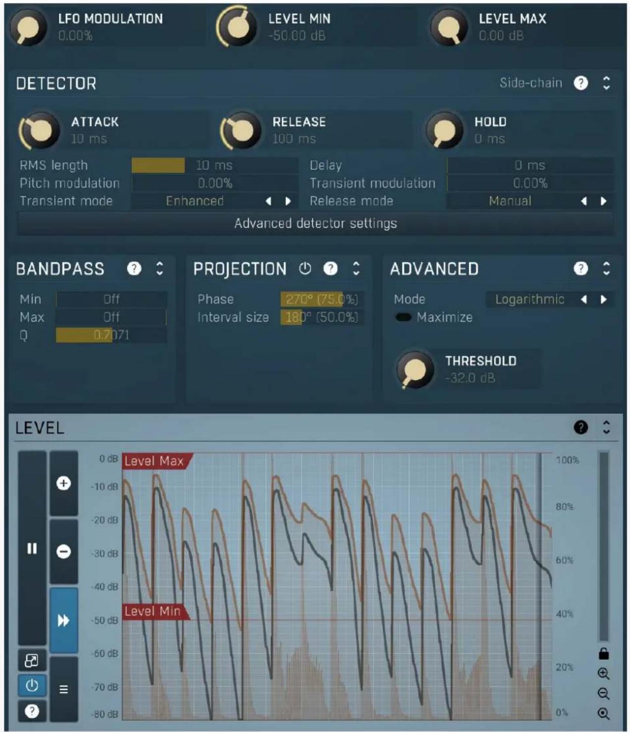 LFO MODULATION 0.00% LEVEL MIN -50.00 dB LEVEL MAX 0.00 dB DETECTOR Side-chain ? ATTACK 10 ms RELEASE 100 ms HOLD 0 ms RMS length 10 ms Delay 0 ms Pitch modulation 0.00% Transient modulation 0.00% Enhanced Release mode Manual Advanced detector settings BANDPASS Min Off Max Off Q 0.7071 PROJECTION Phase 270° (75.0%) Interval size 180° (50.0%) ADVANCED Mode Logarithmic Maximize THRESHOLD -32.0 dB LEVEL Level Max Level Min