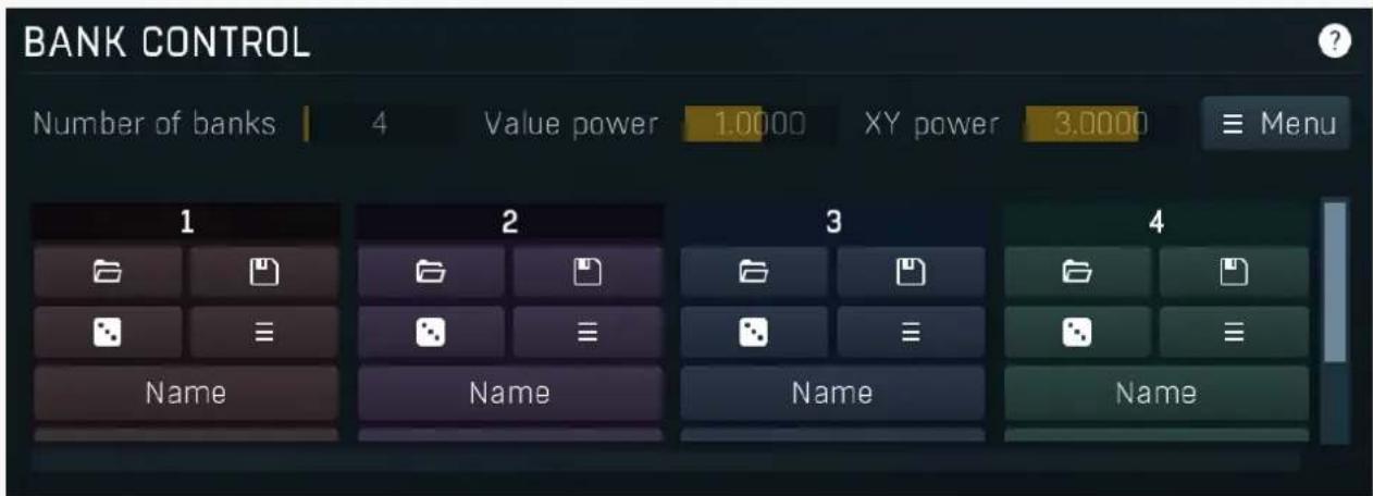 BANK CONTROL Number of banks 4 Value power 1.0000 XY power 3.0000 ≡ Menu 1 2 3 4 Name Name Name Name