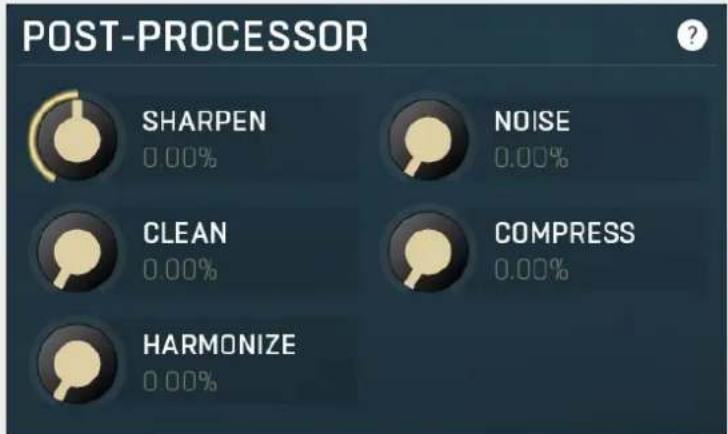 POST-PROCESSOR SHARPEN 0.00% NOISE 0.00% CLEAN 0.00% COMPRESS 0.00% HARMONIZE 0.00%