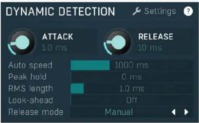 DYNAMIC DETECTION Settings ? ATTACK 1.0 ms RELEASE 10 ms Auto speed 1000 ms Peak hold 0 ms RMS length 1.0 ms Look-ahead Off Release mode Manual
