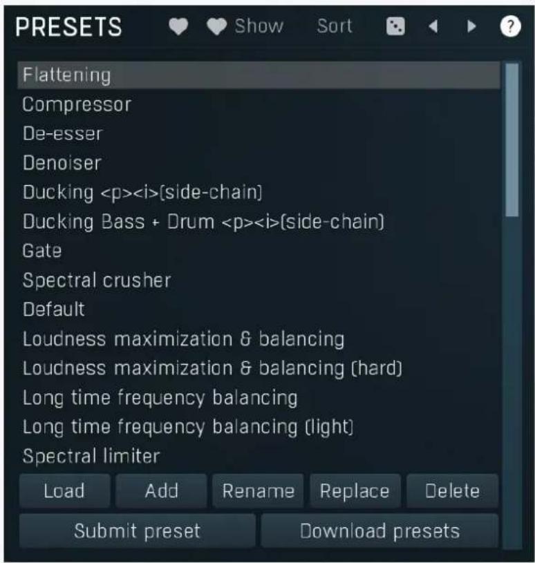 PRESETS Flattening Compressor De-esser Denoiser Ducking [side-chain] Ducking Bass + Drum [side-chain] Gate Spectral crusher Default Loudness maximization & balancing Loudness maximization & balancing (hard) Long time frequency balancing Long time frequency balancing (light) Spectral limiter Load Add Rename Replace Delete Submit preset Download presets