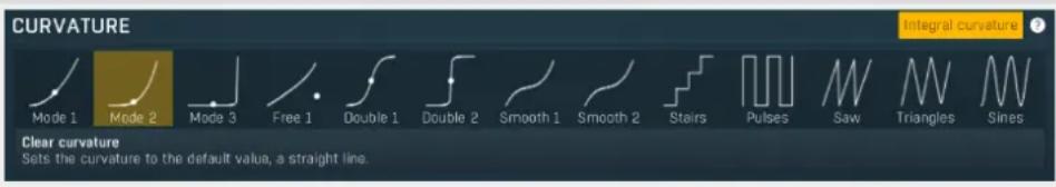 CURVATURE Mode 1 Mode 2 Mode 3 Free 1 Double 1 Double 2 Smooth 1 Smooth 2 Stairs Pulses Saw Triangles Sines Clear curvature Sets the curvature to the default value, a straight line.