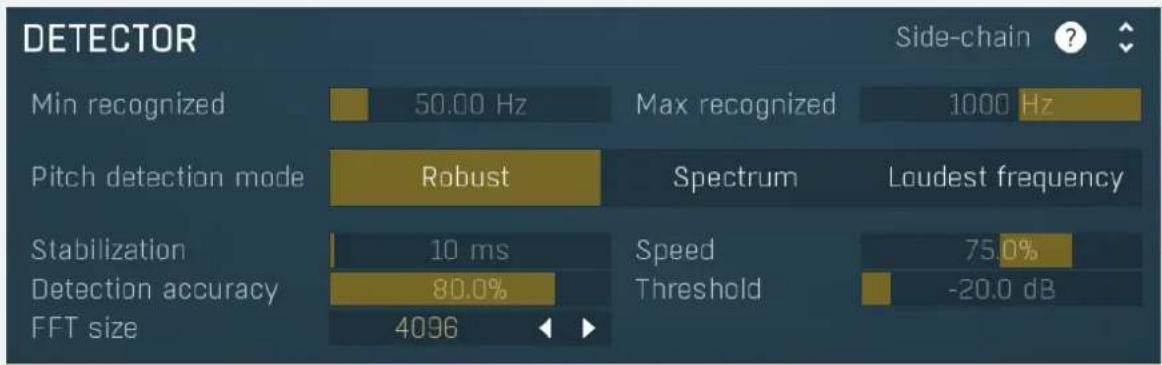 DETECTOR Min recognized 50.00 Hz Max recognized 1000 Hz Pitch detection mode Robust Spectrum Loudest frequency Stabilization 10 ms Speed 75.0% Detection accuracy 80.0% Threshold -20.0 dB FFT size 4096
