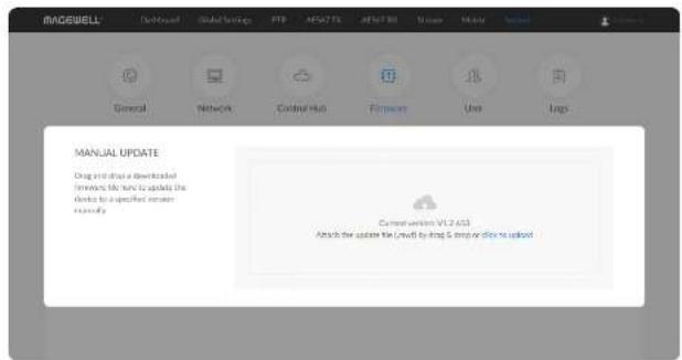 IMDBELL Default Global Settings FTP MSFTS ASP.NET View View General Network Control Hub Firmware User Tags MANUAL UPDATE Design and share a Downloaded from: No text to update the device to a specified version currently. Current version V1.2.453 Attach the update file (Cloud) by log & tmp or click to upload