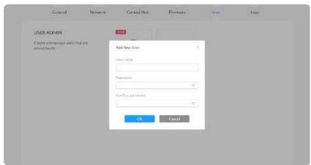 General Network Control Hub Password User Login USER ADMIN Create and manage users that are control facility. Add New User User name Password Cancel permission OK Cancel