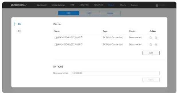 INADEBELL TX RX Procio Name Type Clouds Address 043420481007,0,02 0 TCP Film Connection Diss connected 043420481007,0,03 0 TCP Film Connection Diss connected Add OPTIONS Primary Order: 10.55.8.10 Name