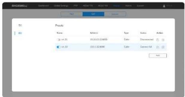 MACOBELL® Confirmed Cluster Settings FTP AES47 TR AES47 RD Status FATIN System FX1 Set Switch TX PRV6 RX Name Address Type Status Action int_B1 10.10.13.12.8000 Color: Disconnected int_02 10.0.1.02.8000 Color: Connect full Add