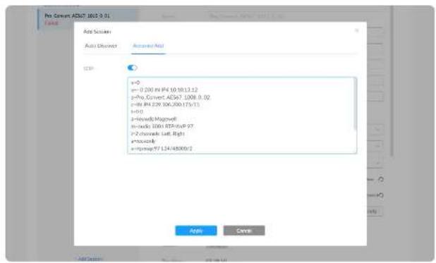 Pro Secret ADS07 1802.9.01 Auto Discover Auto Discover AOSI v=0 v=0.200 PK IP4 10:10:13.12 v=Pro.Cohort.AOSO7_1008.9.02 v=86 PK 229 106,200:175:13 v=0 v=NovateMagneti v=Nada 2001 RTP-xydP 27 v=2 NovateLeft Right v=Inscorok v=Insgenay7.124/48000:2 Apply Cancel