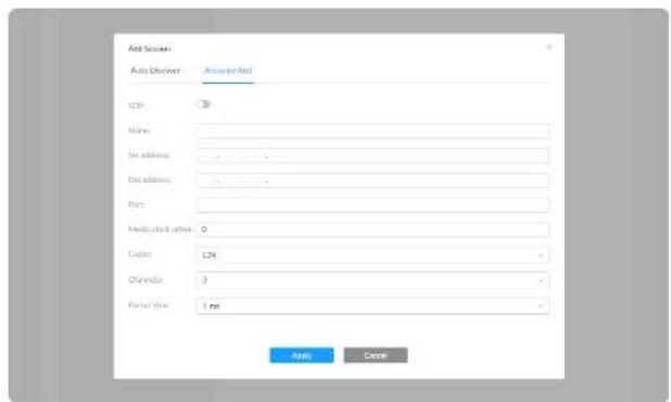 Add Search Auto Discover - Accessed Add Name: Set address: . . . . Edit address: . . . . Print: Media click other: 0 Custom: L24 Chromatic: ? Pooled flow: 1 ms Apply Cancel